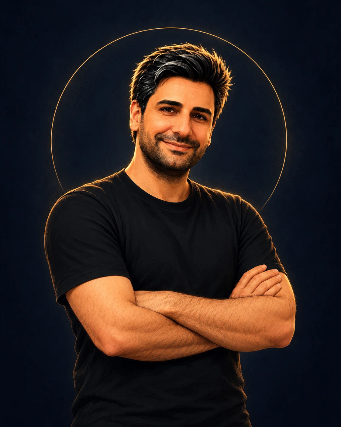 Illustrated portrait of Gökhan Dede, wearing a black T-shirt against a navy background with a subtle gold arc